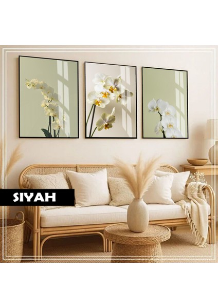 |soft|yeşil-Beyaz Orkide Kombini |çerçeveli Cam Tablo 3lü Dikey