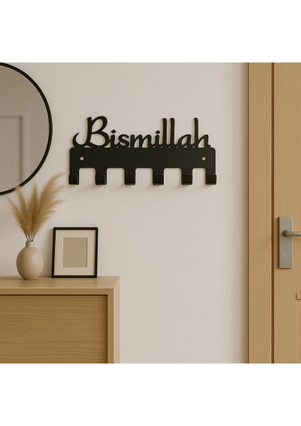 Bismillah Yazılı Metal Anahtarlık Askılığı – Siyah | 6 Askılı Modern Duvar Dekoru
