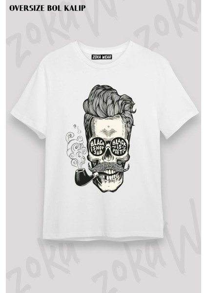 Unisex Oversize Kalıp Pipo Içen Kuru Kafa Tasarım Baskılı Tshirt