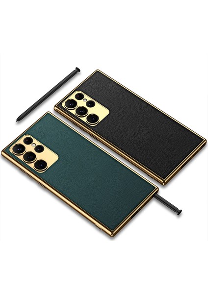 Galaxy S23 Ultra Kılıf Deri Görünümlü Kenarları Elektroplating Kaplama Brvh Fizyon Kapak-Siyah fırsatları
