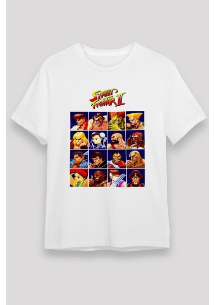 Unisex Bol Kalıp Street Fighter Baskılı Beyaz Tişört