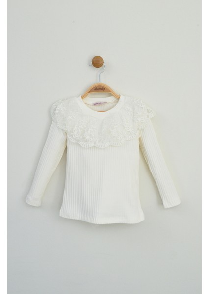 Kız Çocuk Krem Rengi Fitilli Örme Dantel Yaka Uzun Kollu Badi