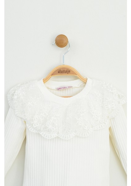 Kız Çocuk Krem Rengi Fitilli Örme Dantel Yaka Uzun Kollu Badi modelleri