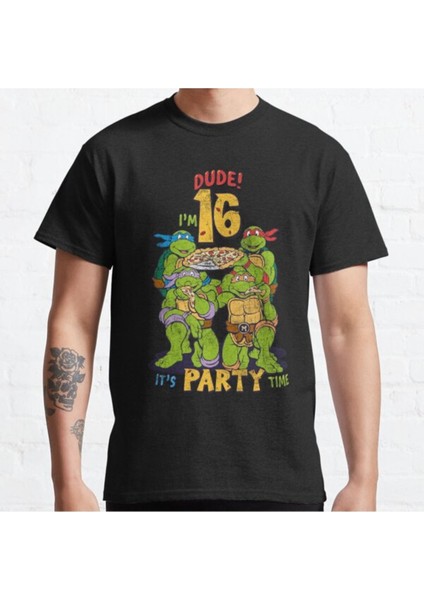 Bol Kalıp Unisex Teenage Mutant Ninja Turtles 16TH Birthday Group Pizza Party Tasarım Baskılı Tshirt