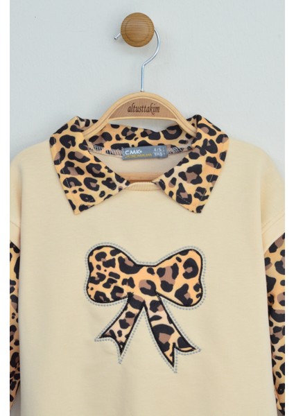 Krem Rengi Leopar Detaylı Yaka ve Fiyonk Kız Çocuk Takımı fırsatları