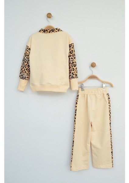 Krem Rengi Leopar Detaylı Yaka ve Fiyonk Kız Çocuk Takımı