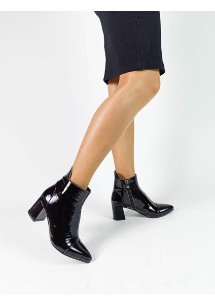 Hakiki Deri Acı Kahve Rugan Fermuarlı Kalın Topuk Kadın Bot