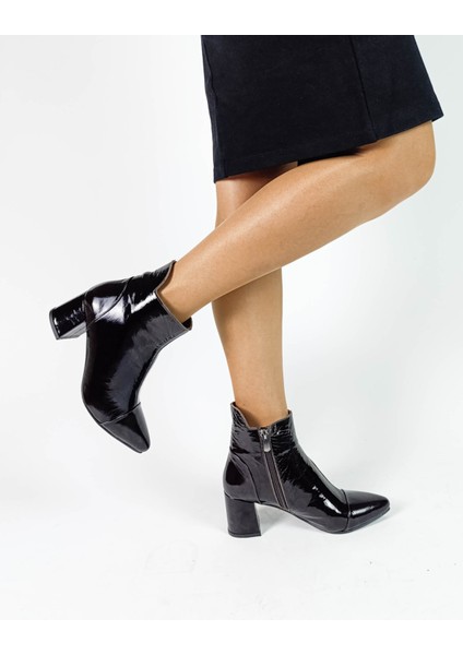 Hakiki Deri Acı Kahve Rugan Fermuarlı Kalın Topuk Kadın Bot fiyatları