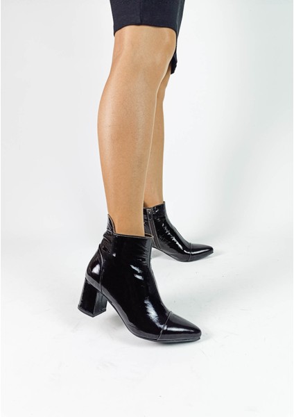 Hakiki Deri Acı Kahve Rugan Fermuarlı Kalın Topuk Kadın Bot indirimleri