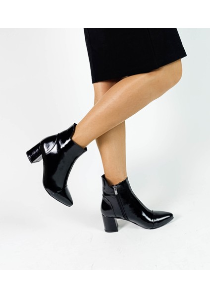 Hakiki Deri Siyah Rugan Fermuarlı Kalın Topuk Kadın Bot fiyatları