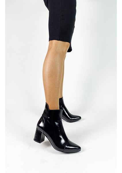 Hakiki Deri Siyah Rugan Fermuarlı Kalın Topuk Kadın Bot indirimleri