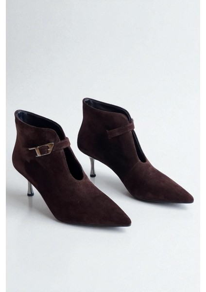 Kahverengi Hakiki Süet Deri Kadın Bilekte Bot –7 cm Ince Metal Topuk Sivri Burun Şık Ayakkabı fiyatları