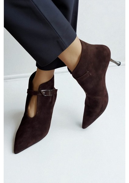 Kahverengi Hakiki Süet Deri Kadın Bilekte Bot –7 cm Ince Metal Topuk Sivri Burun Şık Ayakkabı fırsatları