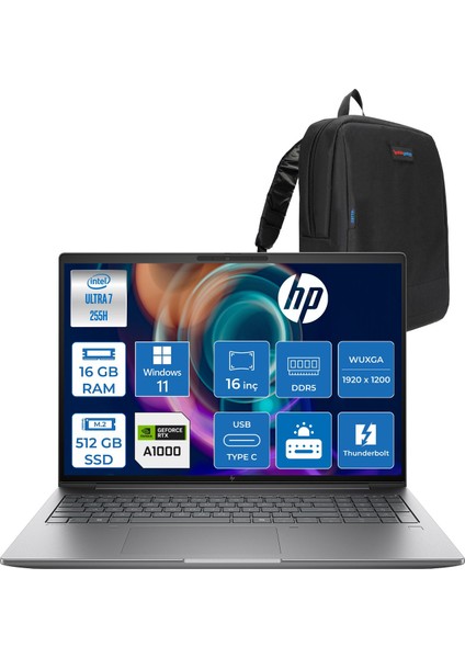 Zbook x G1I Ultra 7 255H 16GB Ddr5 512GB SSD 8GB/RTXPRO1000 16" Wuxga Düşük Mavi Işık 400NIT %100 Srgb Windows 11 Pro Taşınabilir Iş Istasyonu B30HLESP01 + Zettaçanta