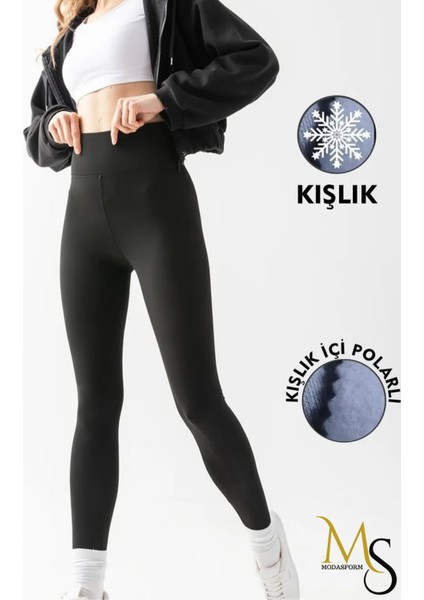 Kadın Siyah Kışlık Içi Polarlı Yüksek Bel Toparlayıcı Korseli Push-Up Günlük Tayt