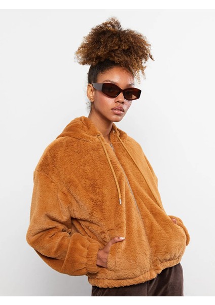 Lcw Eco Kahverengi Kapüşonlu Kadın Pelüş Mont modelleri