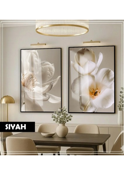 |soft| Beyaz-Krem Renk Orkide Kombini |çerçeveli Cam Tablo 2li Dikey