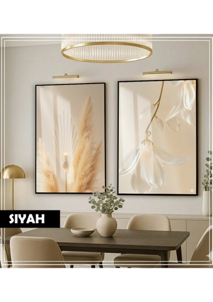 |soft| Krem Renk Zarif Bitki Kombini |çerçeveli Cam Tablo 2li Dikey