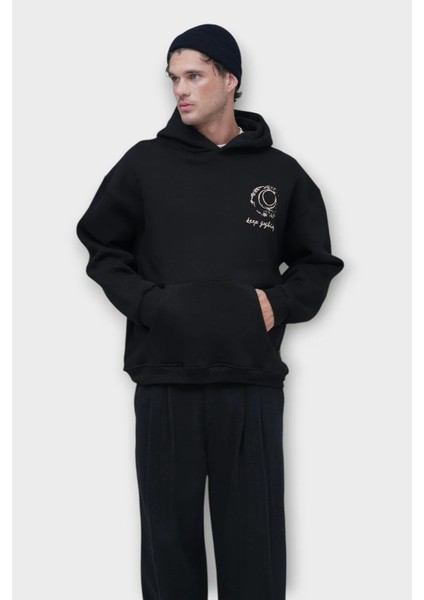 Keep Goghing Oversize Hoodie - Şardonlu %100 Pamuk - Siyah fırsatları