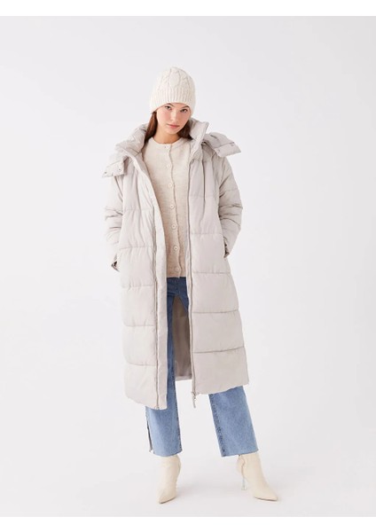 Lcwaıkıkı Classic Gri Kapüşonlu Düz Oversize Kadın Şişme Mont