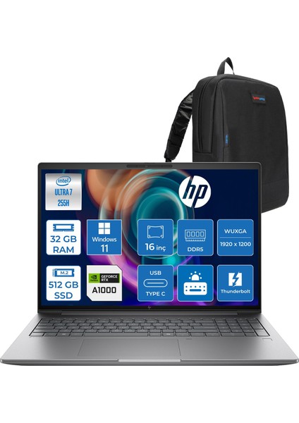 Zbook x G1I Ultra 7 255H 32GB Ddr5 512GB SSD 8GB/RTXPRO1000 16" Wuxga Düşük Mavi Işık 400NIT %100 Srgb Windows 11 Pro Taşınabilir Iş Istasyonu B30HLESP09 + Zettaçanta