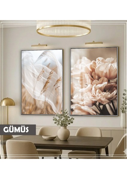 |soft| Kahve-Krem Tonlar Buğday-Çiçek Kombini |çerçeveli Cam Tablo 2li Dikey