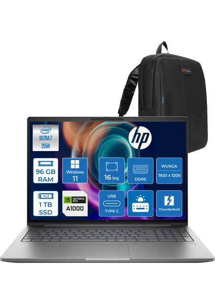 Zbook x G1I Ultra 7 255H 96GB Ddr5 1tb SSD 8GB/RTXPRO1000 16" Wuxga Düşük Mavi Işık 400NIT %100 Srgb Windows 11 Pro Taşınabilir Iş Istasyonu B30HLESP22 + Zettaçanta