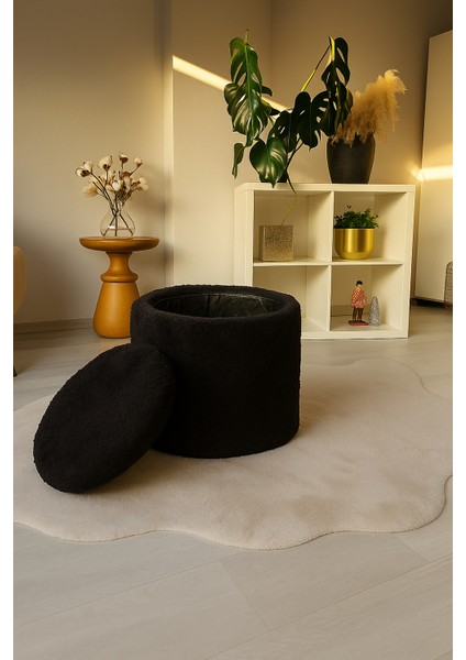 Mutlu evimiz Dekoratif Rahat ve Çok kullanışlı - Sandıklı Puf - Siyah Renkli - Yuvarlak Puf - Çok Amaçlı Kullanım - Modern Bench
