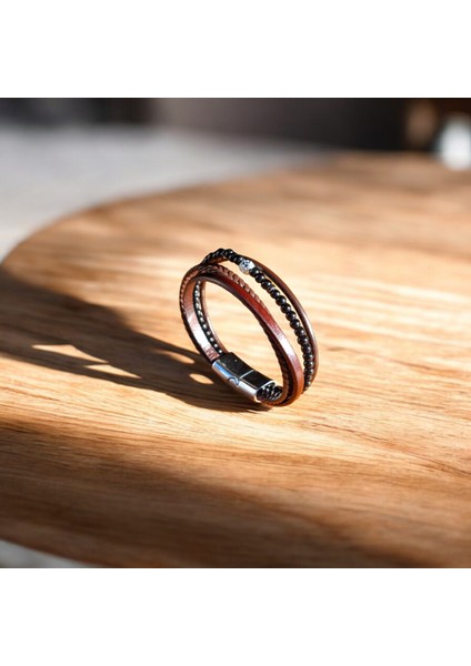 Erkek Hakiki Deri Bileklik Hediyelik Örgü & Taş Detaylı Vintage Bileklik