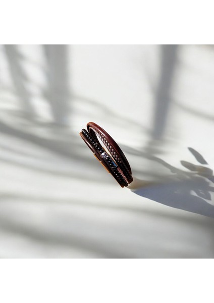 Erkek Hakiki Deri Bileklik Hediyelik Örgü & Taş Detaylı Vintage Bileklik