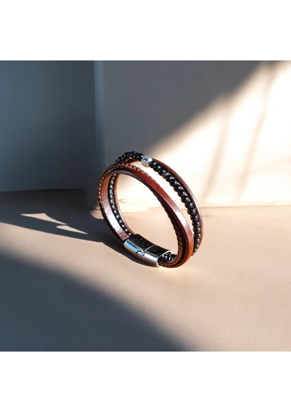 Erkek Hakiki Deri Bileklik Hediyelik Örgü & Taş Detaylı Vintage Bileklik