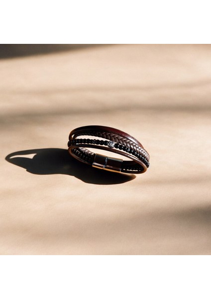 Erkek Hakiki Deri Bileklik Hediyelik Örgü & Taş Detaylı Vintage Bileklik