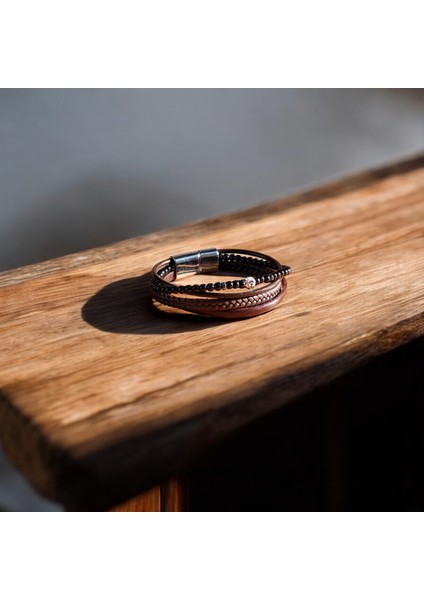 Erkek Hakiki Deri Bileklik Hediyelik Örgü & Taş Detaylı Vintage Bileklik