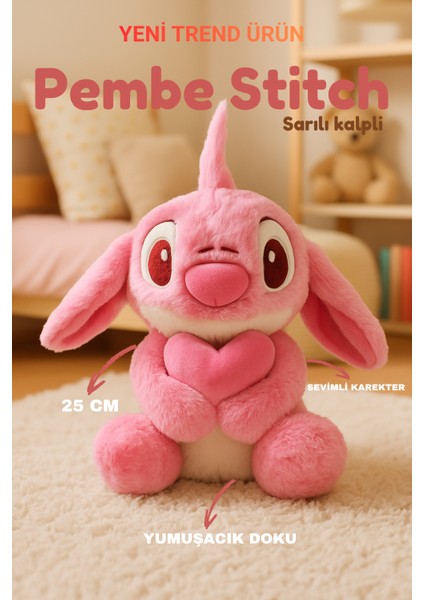 Stitch Pembe Sarılı Kalpli - Sevimli Stitch Peluş Oyuncak - Sarlıan Kalp Ile 25 cm