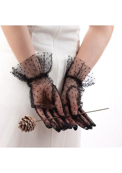Kısa Güpürlü Siyah Puantiyeli Tül Eldiven indirimleri
