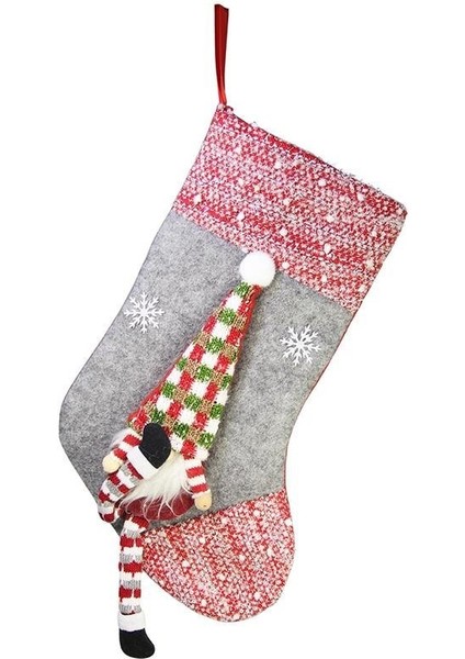 Yılbaşı Süsü Ekose Şapkalı Noel Baba Çorap Gri 60 cm
