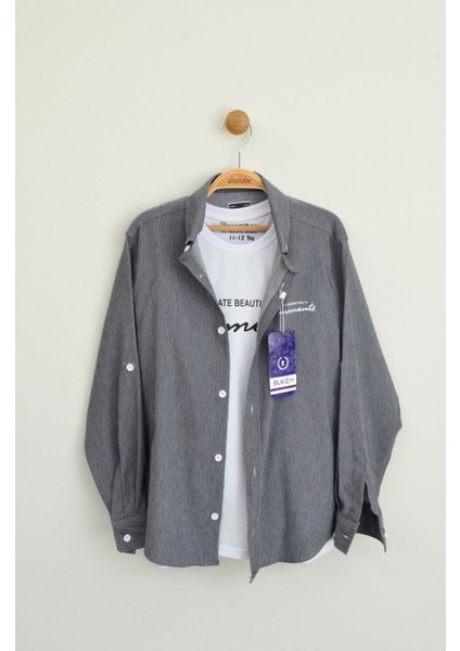 Erkek Füme Gri Düğmeli Gömlek ve Baskılı Tişört Takımı