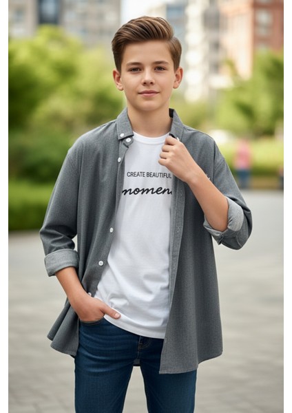 Erkek Füme Gri Düğmeli Gömlek ve Baskılı Tişört Takımı fiyatları