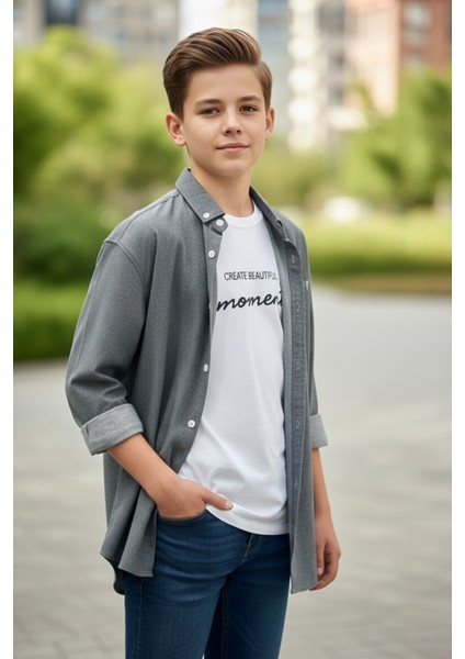 Erkek Füme Gri Düğmeli Gömlek ve Baskılı Tişört Takımı modelleri