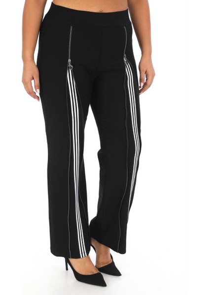 Büyük Beden Lastikli Yüksek Toparlayıcı Belli Uzun Fermuar Detaylı Beyaz Şeritli Likralı Kadın Uzun Pantolon