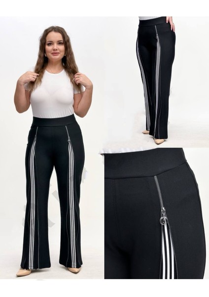 Büyük Beden Lastikli Yüksek Toparlayıcı Belli Uzun Fermuar Detaylı Beyaz Şeritli Likralı Kadın Uzun Pantolon indirimleri