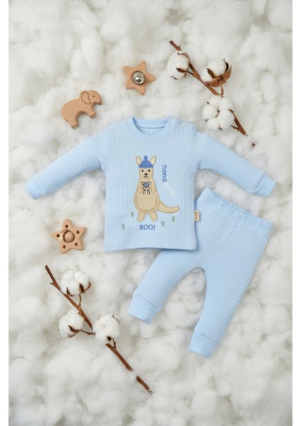 Sevimli Kanguru Nakışlı %100 Pamuk Mavi Ribana Bebek Takımı fiyatları