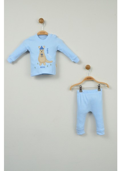 Sevimli Kanguru Nakışlı %100 Pamuk Mavi Ribana Bebek Takımı modelleri