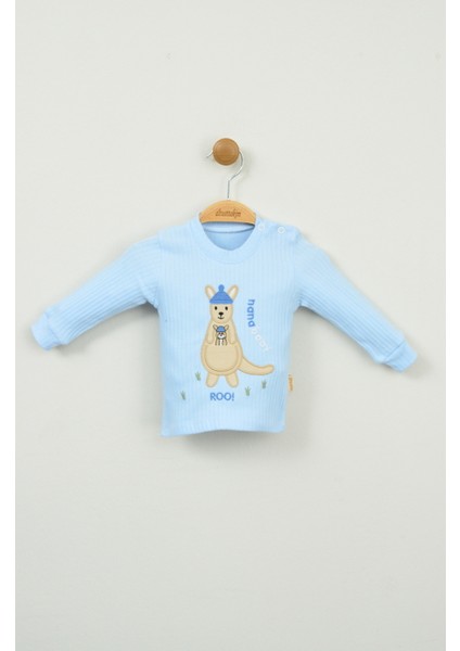 Sevimli Kanguru Nakışlı %100 Pamuk Mavi Ribana Bebek Takımı fırsatları