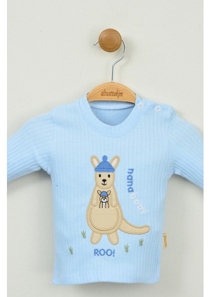 Sevimli Kanguru Nakışlı %100 Pamuk Mavi Ribana Bebek Takımı indirimleri