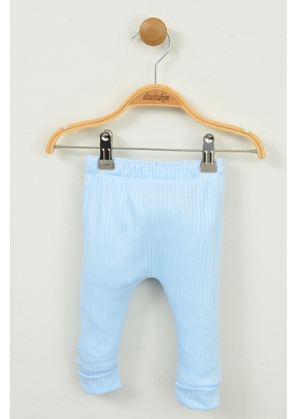 Sevimli Kanguru Nakışlı %100 Pamuk Mavi Ribana Bebek Takımı