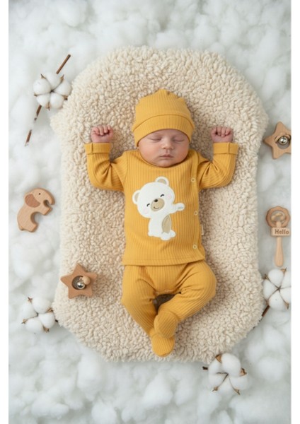 Sevimli Ayıcık Nakışlı %100 Pamuk Taba Ribana Bebek Takımı
