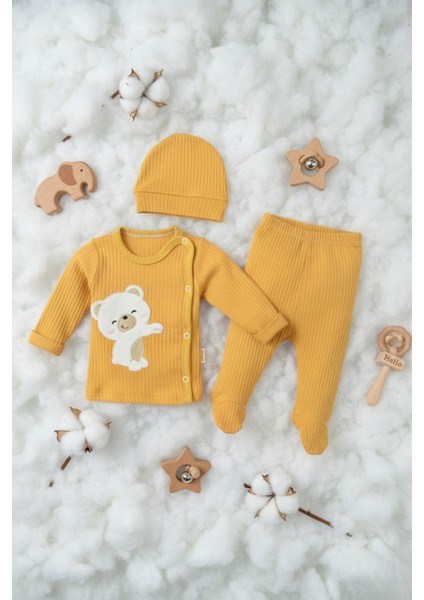 Sevimli Ayıcık Nakışlı %100 Pamuk Taba Ribana Bebek Takımı fiyatları