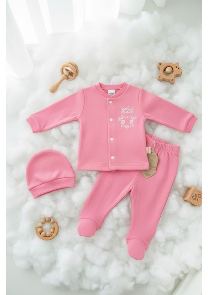 Sevimli Tavşan Desenli %100 Pamuk Pembe Bebek Takımı