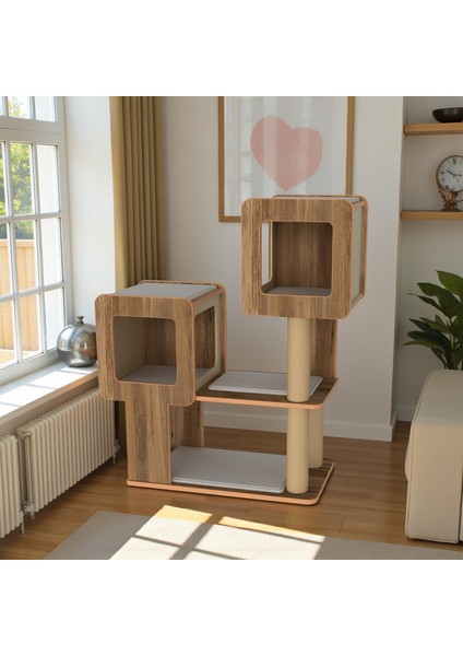Katlı Kedi Tırmalama ve Oyun Evi 2 Yuvalı 18MM Mdf Minderli Premium Seri